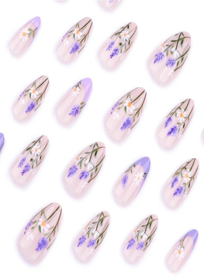 Foccna Press on Nails Acrylic Almond Medium Purple Fake Nails Flower Design Glossy False Nail Tips Artificial Nails Finger Manicure for Women and Girls 24pcs - Image 3